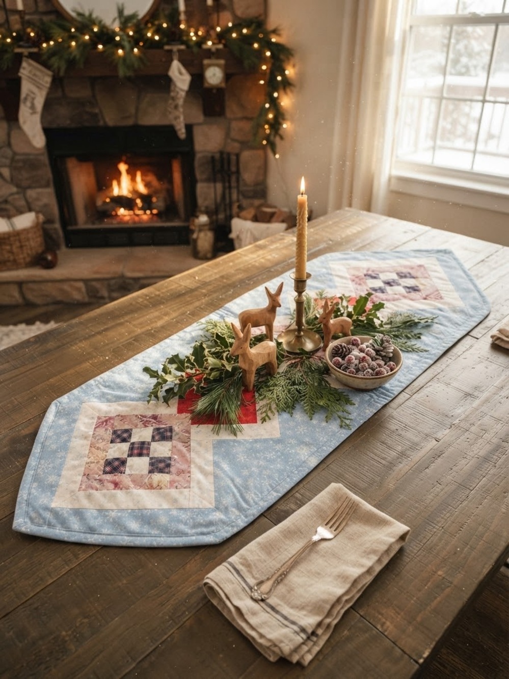 Handmade Christmas Table Runner Diamond Quilt Winter Snowflakes & Angels 47.5 x